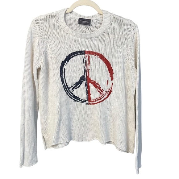 Wooden Ships Peace Sign Knit Sweater White XS Beach Casual Americana Hippie - Picture 1 of 5
